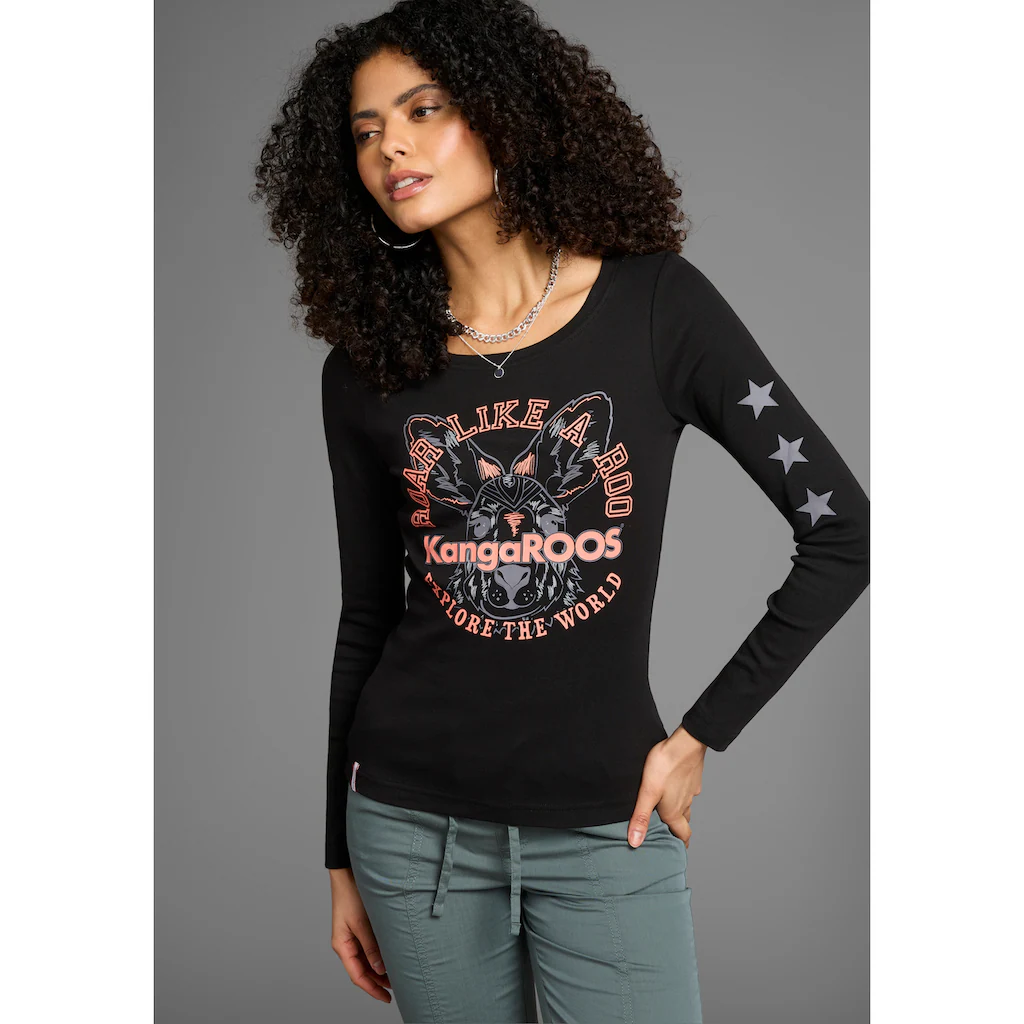 KangaROOS Langarmshirt Langarm unifarben mit Farbeinsatz und Logodruck