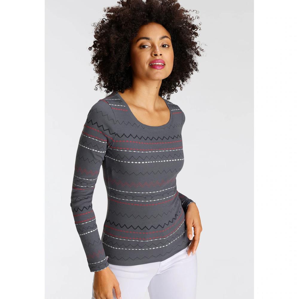 KangaROOS Langarmshirt Sehr Figurbetonte Passform Mit Zick-Zack-Muster Aus 100% Baumwolle