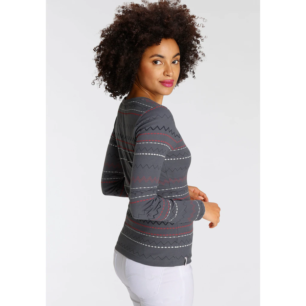 KangaROOS Langarmshirt Sehr Figurbetonte Passform Mit Zick-Zack-Muster Aus 100% Baumwolle