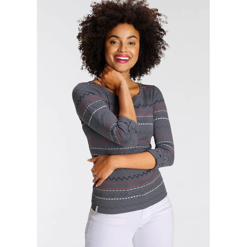 KangaROOS Langarmshirt sehr figurbetonte Passform mit Zick-Zack-Muster aus 100% Baumwolle