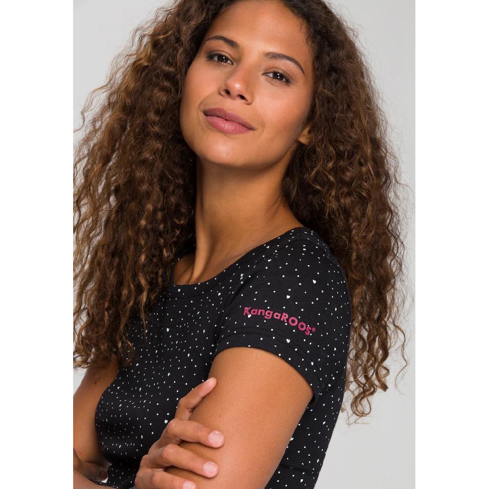 KangaROOS T-Shirt Kurzarm Elastische Rippware Mit Herz-Muster Rundhalsausschnitt