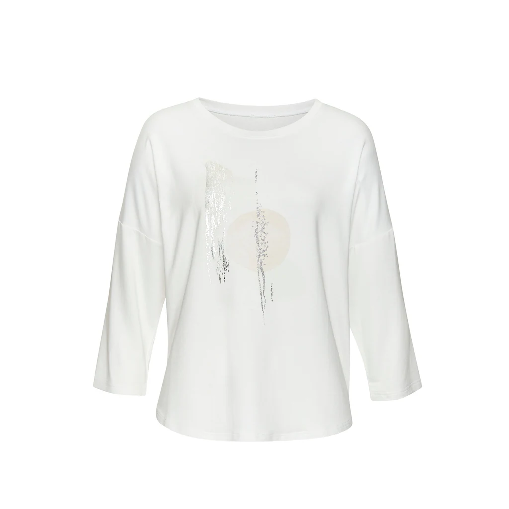 LASCANA 3/4-Arm-Shirt »mit Schimmerndem Folienprint« Aus Hochwertiger French Terry-Qualität Aus Viskose