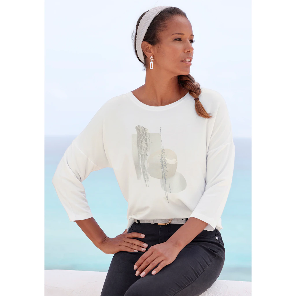 LASCANA 3/4-Arm-Shirt »mit schimmerndem Folienprint« aus hochwertiger French Terry-Qualität aus Viskose