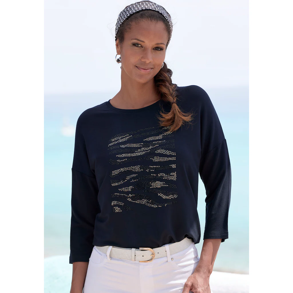 LASCANA 3/4-Arm-Shirt »mit Strass-Dessin« aus hochwertiger French Terry-Qualität aus Viskose