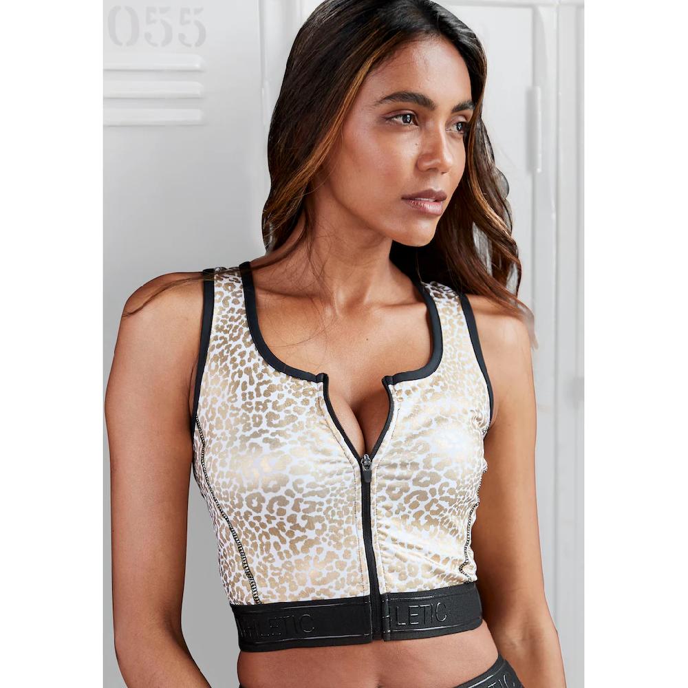 LASCANA ACTIVE Crop-Top Sporttop mit glänzendem Animalprint und 3D-Schriftzug auf dem Bund