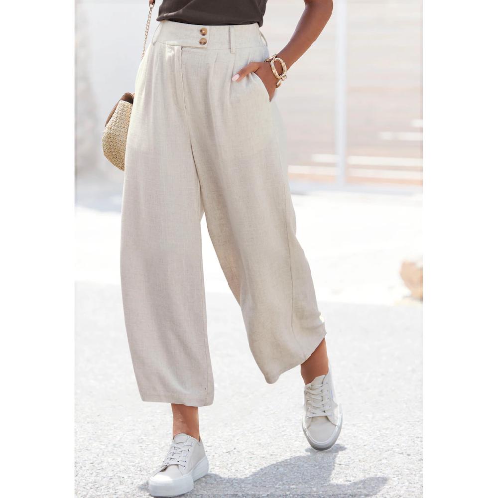LASCANA Bundfaltenhose mit Taschen und Knopfdetail weites Bein Leinenhose Sommerhose