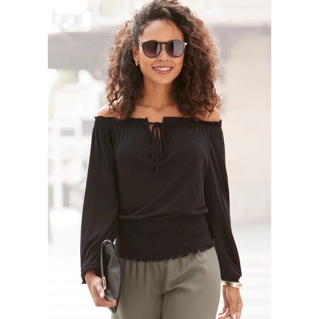 LASCANA Carmenshirt mit 3/4-Ärmeln Blusenshirt mit Bindeband und Gummizug