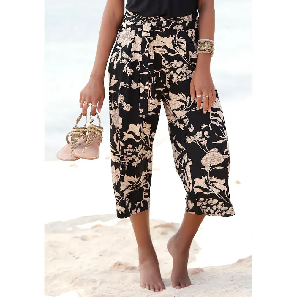 LASCANA Culotte (mit Bindegürtel) mit Blumendruck Stoffhose Stretch