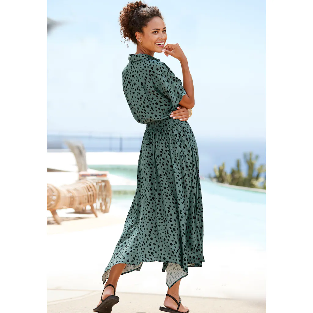 LASCANA Druckkleid Mit Punktedruck Und Asymmetrischem Saum Hemdblusenkleid Midikleid