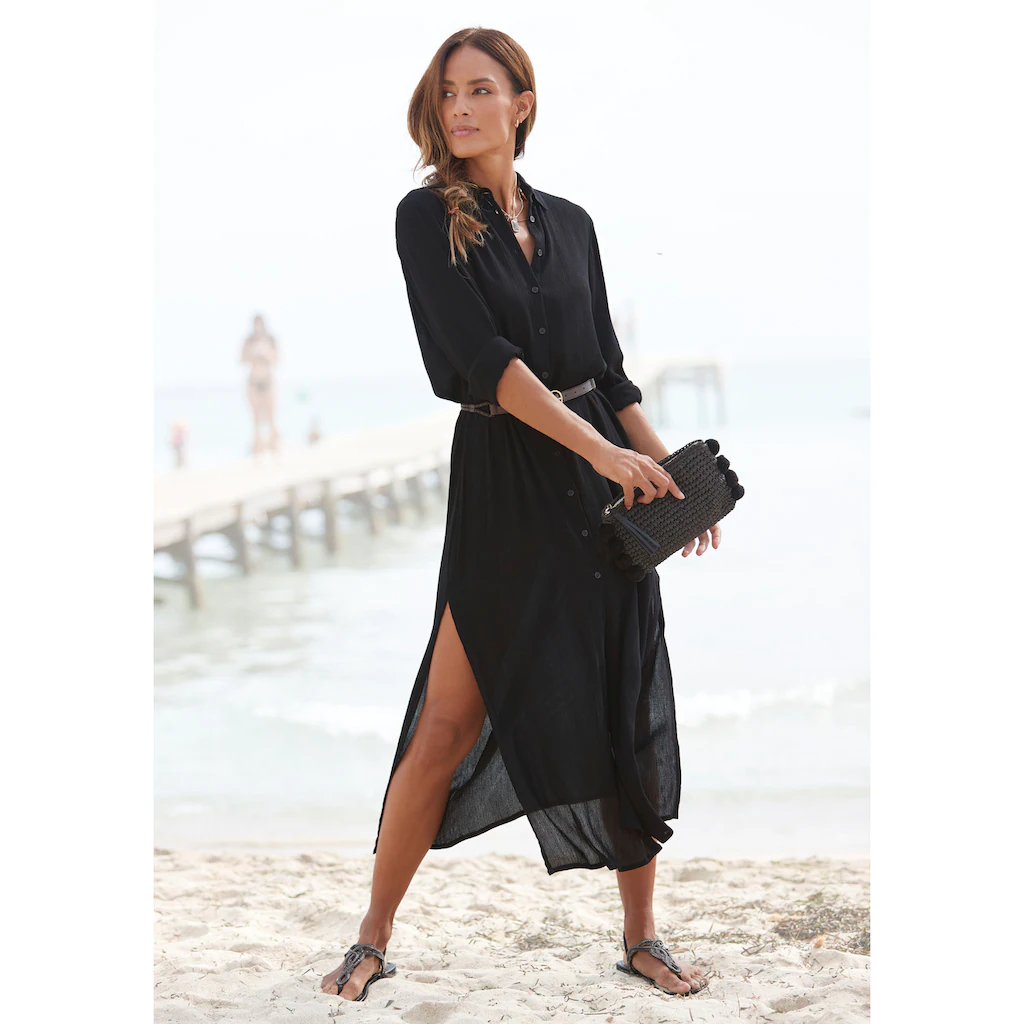 LASCANA Hemdblusenkleid Aus Gekreppter Viskose Maxikleid Mit Schlitz Sommerkleid