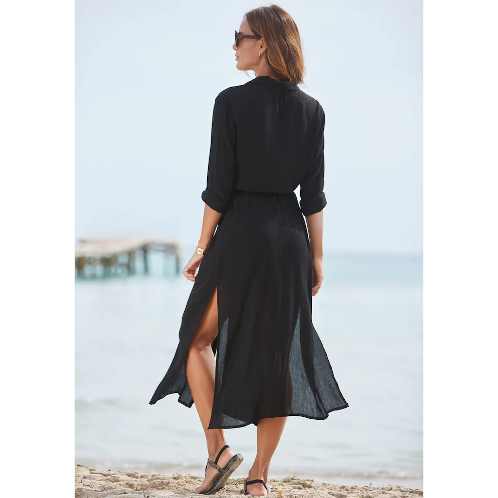 LASCANA Hemdblusenkleid Aus Gekreppter Viskose Maxikleid Mit Schlitz Sommerkleid