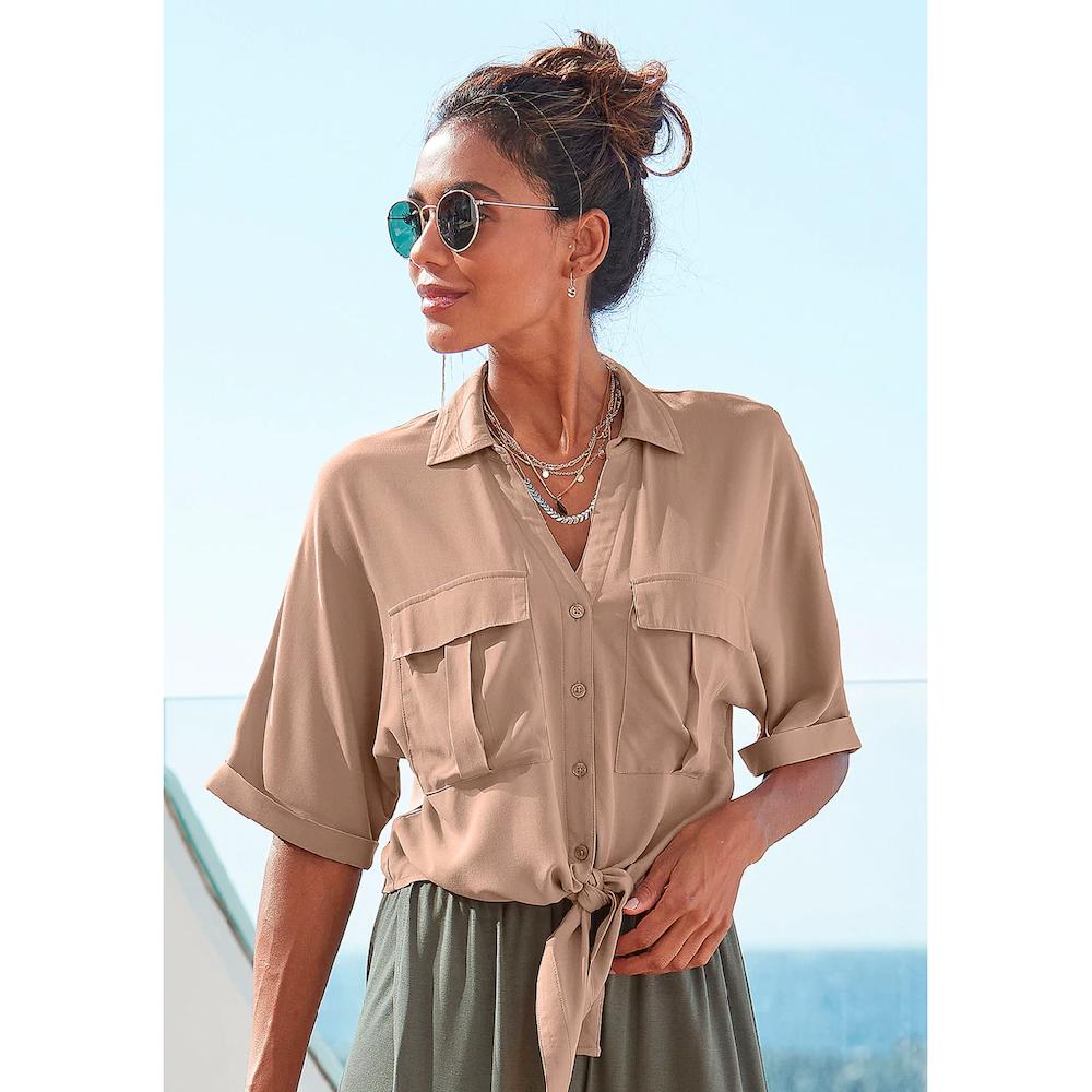 LASCANA Kurzarmbluse mit Knotendetail und Knopfleiste Hemdkragen Damenbluse