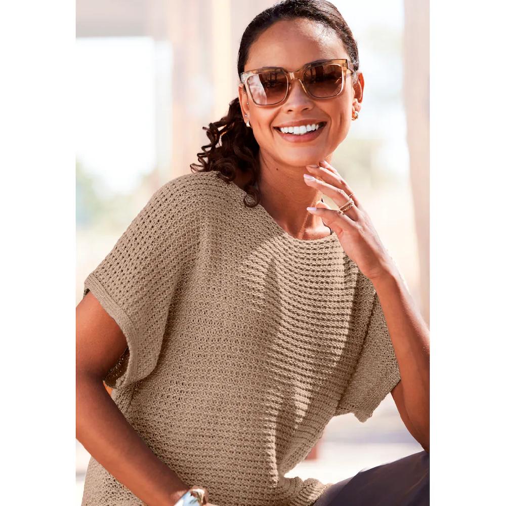 LASCANA Kurzarmpullover in luftigem Ajourstrick leichter Sommerpullover Metallic-Effekt