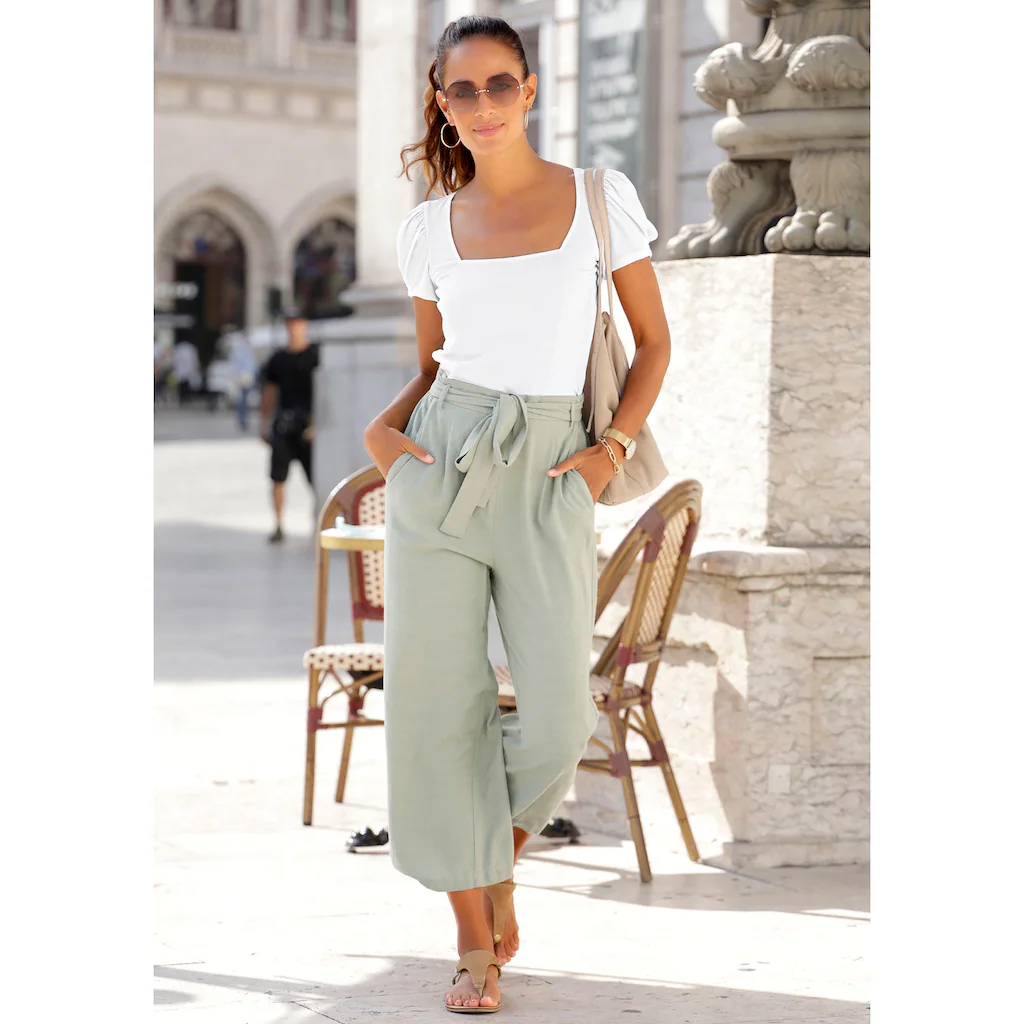 LASCANA Kurzarmshirt Aus Gerippter Ware T-Shirt Mit Leichten Puffärmeln Casual-elegant