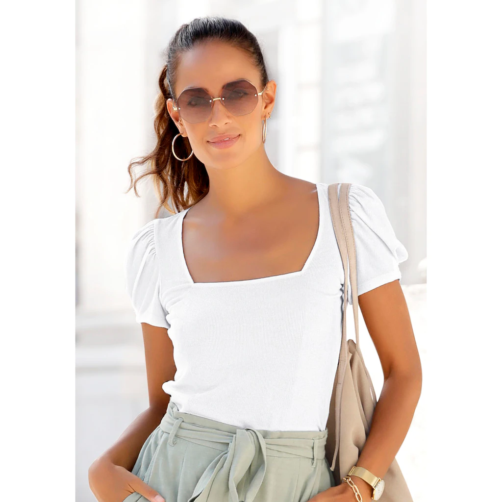 LASCANA Kurzarmshirt aus gerippter Ware T-Shirt mit leichten Puffärmeln casual-elegant