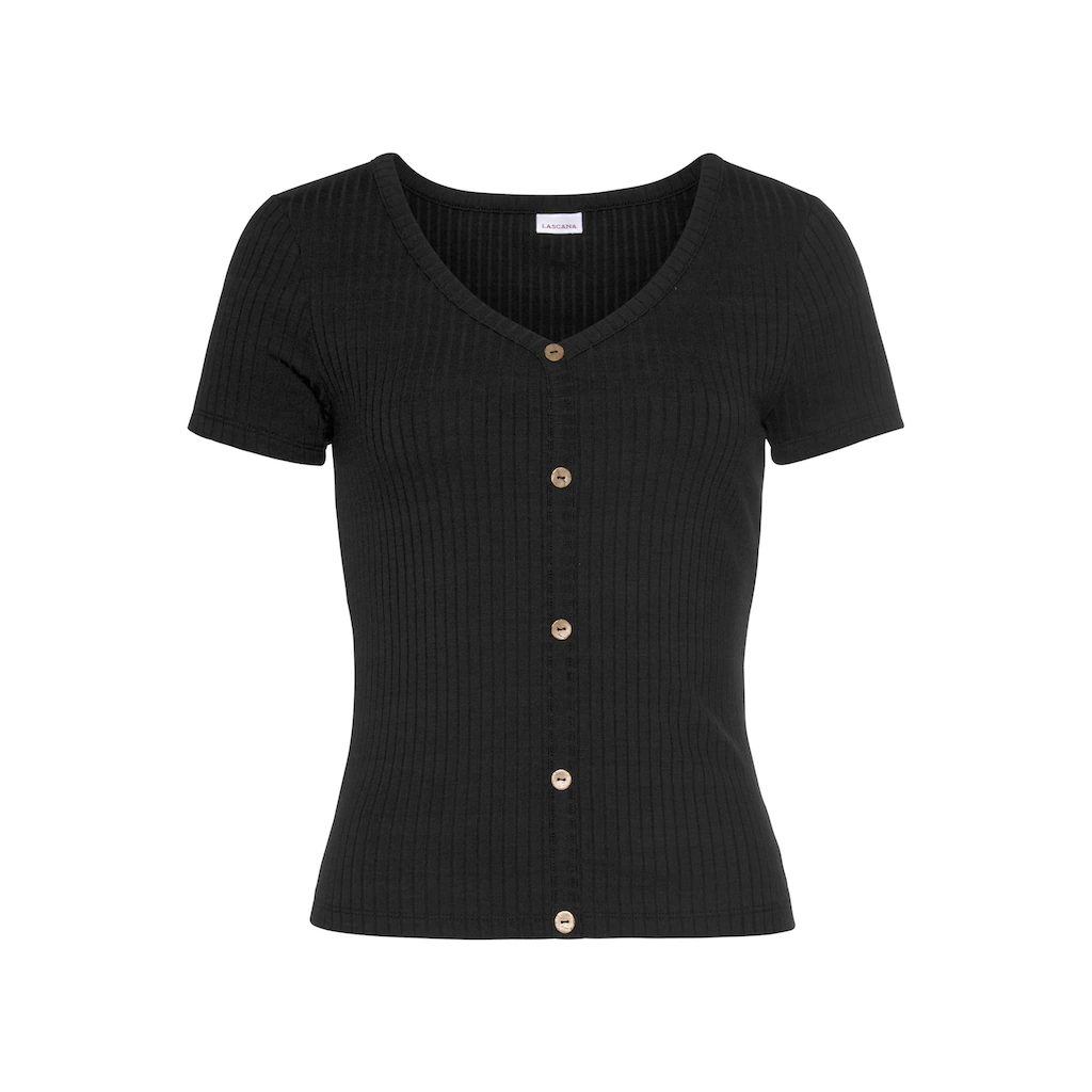 LASCANA Kurzarmshirt Aus Rippware Mit Zierknopfleiste T-Shirt V-Ausschnitt