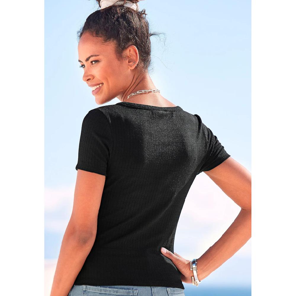 LASCANA Kurzarmshirt Aus Rippware Mit Zierknopfleiste T-Shirt V-Ausschnitt