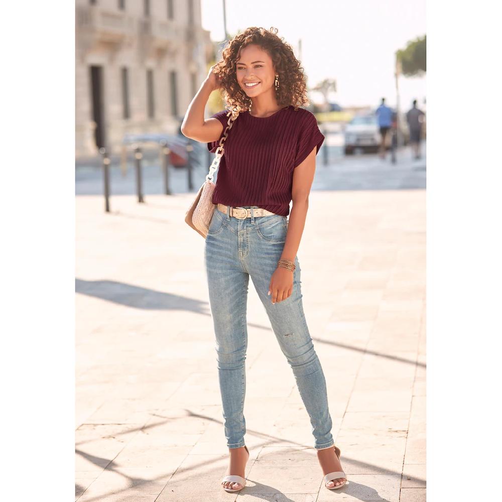 LASCANA Kurzarmshirt Mit Biesenstruktur Bügelfreies T-Shirt Aus Moderner Strukturware