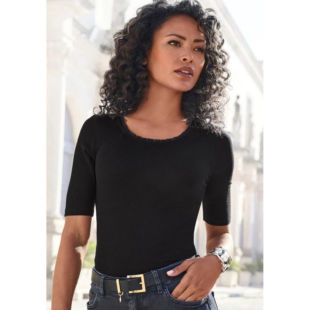 LASCANA Kurzarmshirt »mit zarter Spitze am Ausschnitt« aus weicher Viskose-Ripp-Qualität