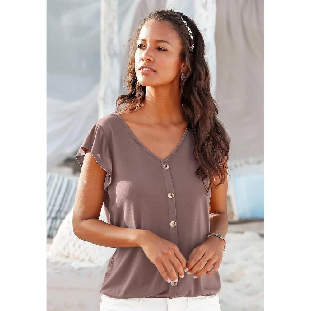 LASCANA Kurzarmshirt »mit Zierknopfleiste Und Flügelärmelchen« (2er-Pack) Aus Weicher Viskose-Qualität