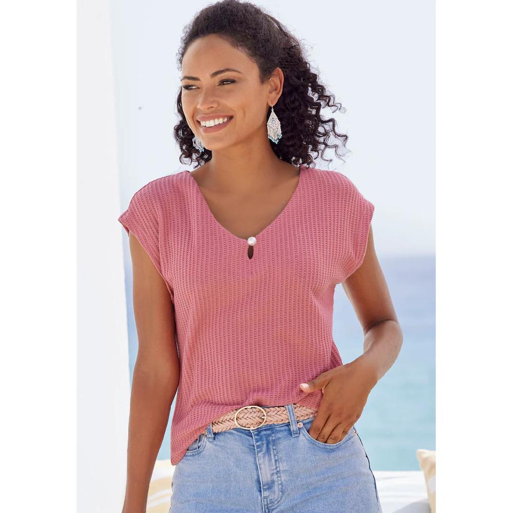 LASCANA Kurzarmshirt »mit Zierperle« (2er-Pack) Aus Weicher Piqué-Qualität