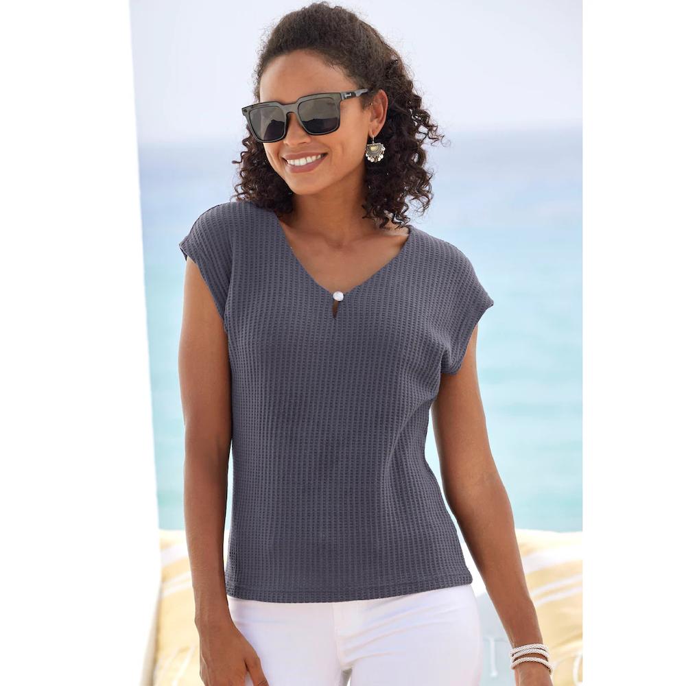 LASCANA Kurzarmshirt »mit Zierperle« (2er-Pack) Aus Weicher Piqué-Qualität