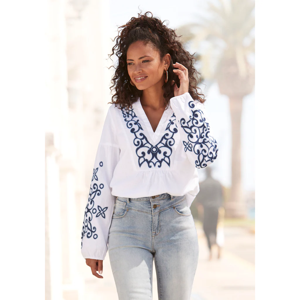 LASCANA Langarmbluse mit aufwendiger Stickerei Damenbluse Tunika