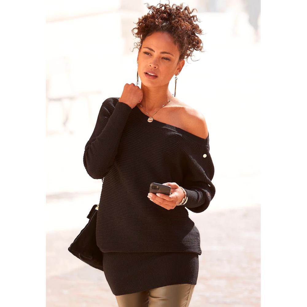 LASCANA Longpullover mit Zieraccessoires am Ärmel eleganter Strickpullover
