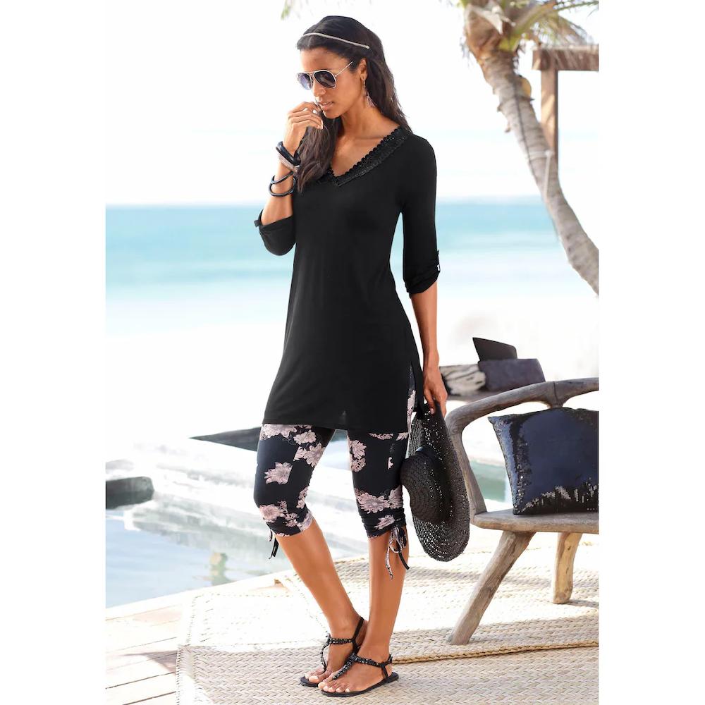 LASCANA Longshirt Mit Spitzenkante Am Ausschnitt 3/4-Armshirt Lange Passform