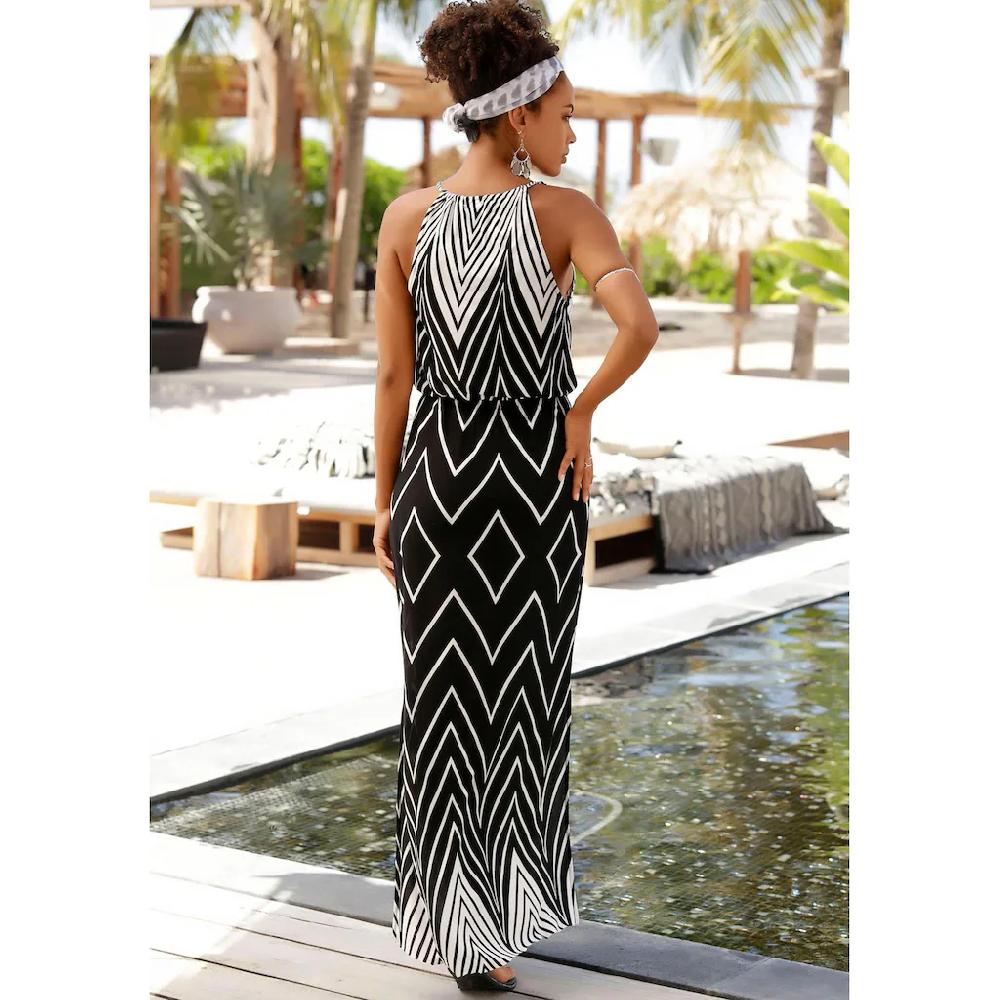 LASCANA Maxikleid Im Schwarz-Weiß-Design Mit Schlitz Sommerkleid Strandkleid