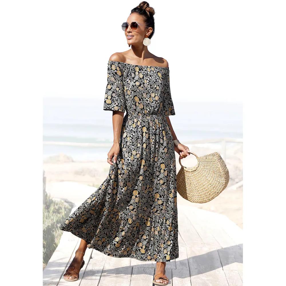 LASCANA Maxikleid mit Blumendruck und Carmenausschnitt Sommerkleid Strandkleid