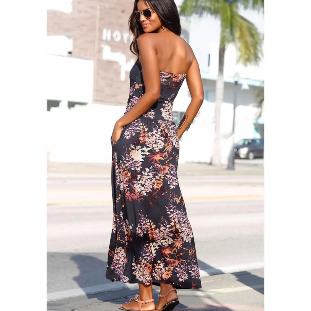 LASCANA Maxikleid Mit Floralprint Und Taschen Sommerliches Bandeaukleid Strandkleid
