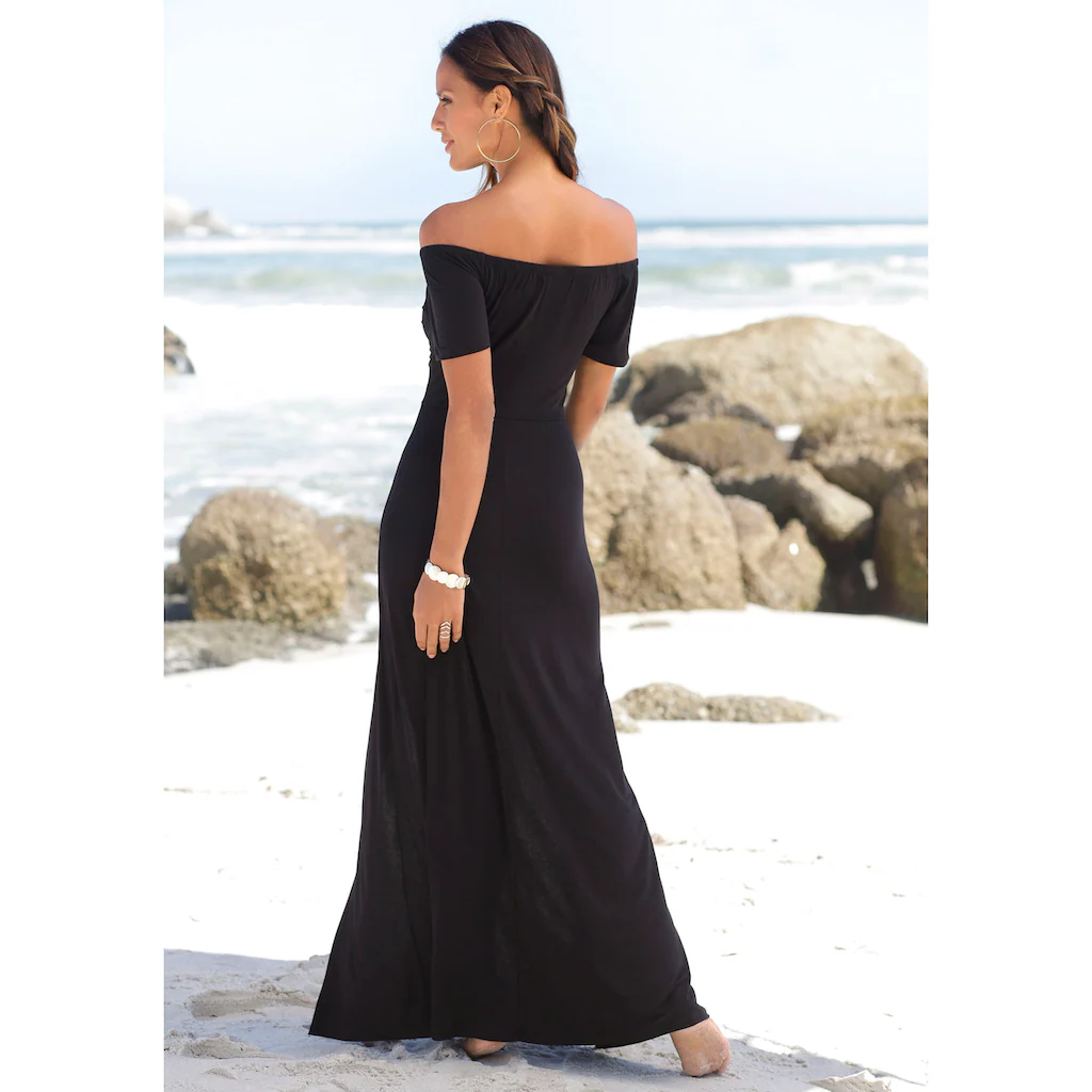 LASCANA Maxikleid Mit Langen Beinschlitzen Und Carmenausschnitt Schulterfrei Basic