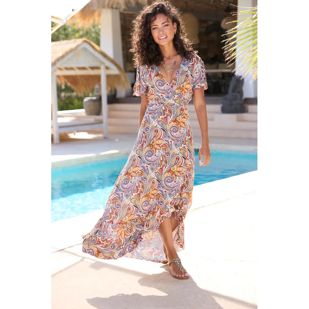 LASCANA Maxikleid Mit Paisleydruck Schlitz Und Volant Flügelärmel Druckkleid