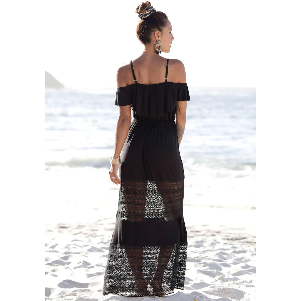 LASCANA Maxikleid Mit Spitzeneinsätzen Im Rockteil Schulterfreies Sommerkleid