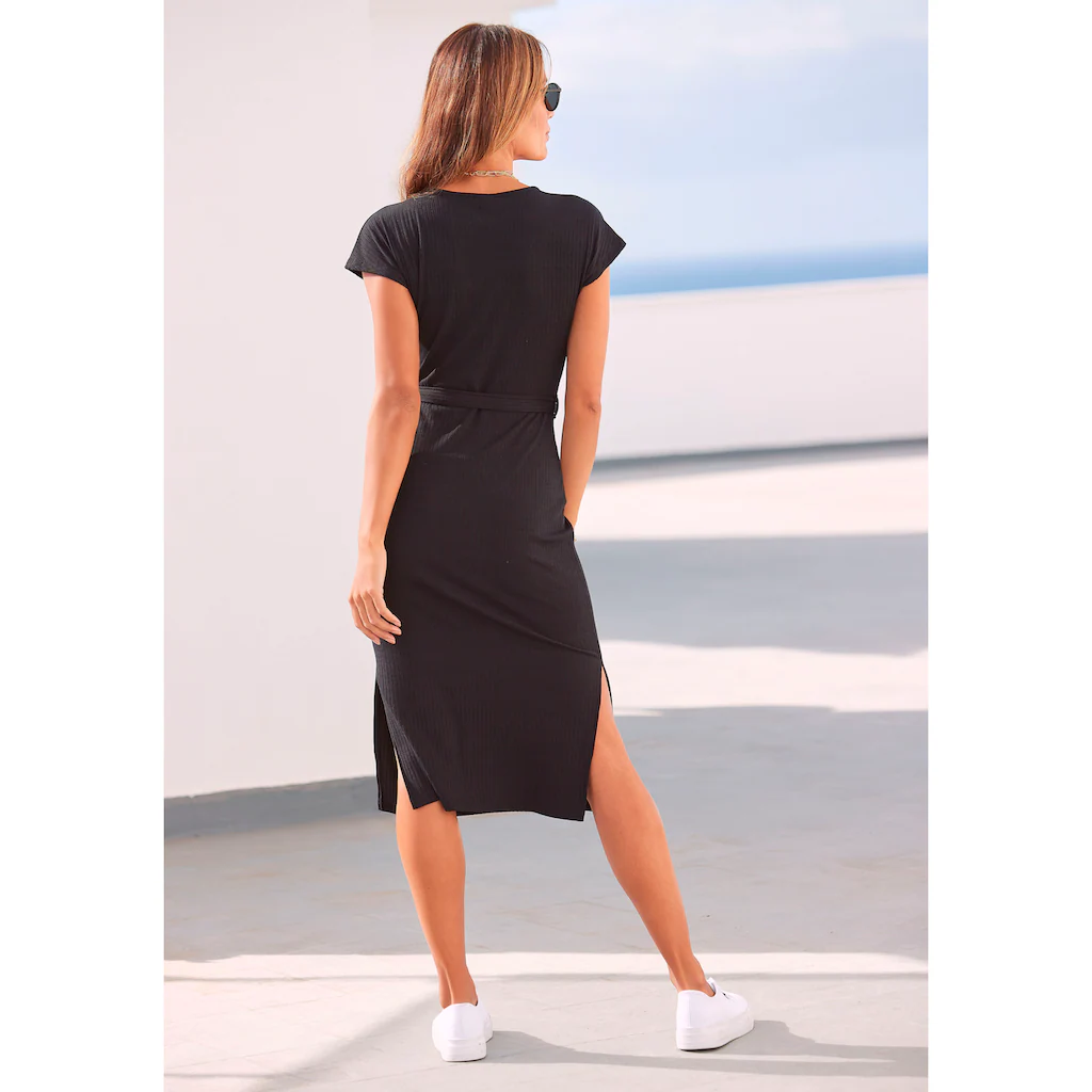 LASCANA Midikleid (mit Bindegürtel) Aus Rippware Wickelkleid Mit Beinschlitz Casual-chic