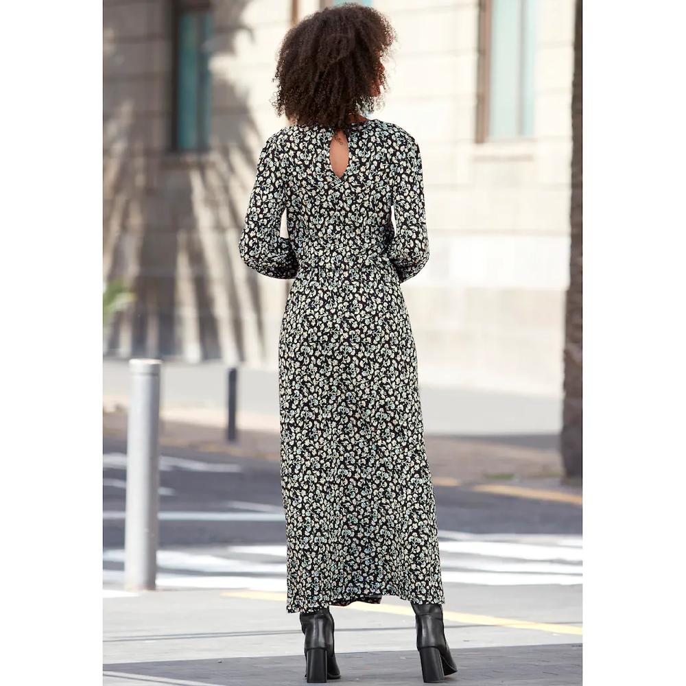 LASCANA Midikleid Mit Blümchendruck Und Beinschlitz Druckkleid Langärmlig