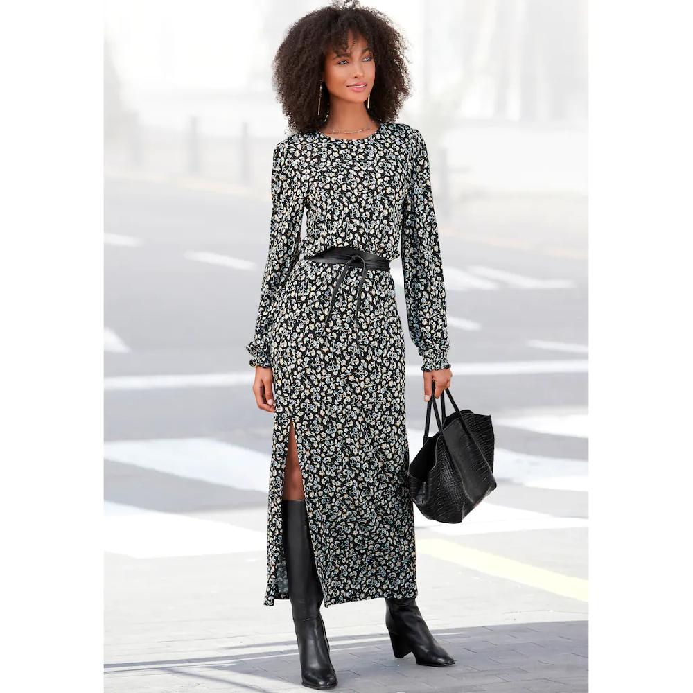 LASCANA Midikleid mit Blümchendruck und Beinschlitz Druckkleid langärmlig