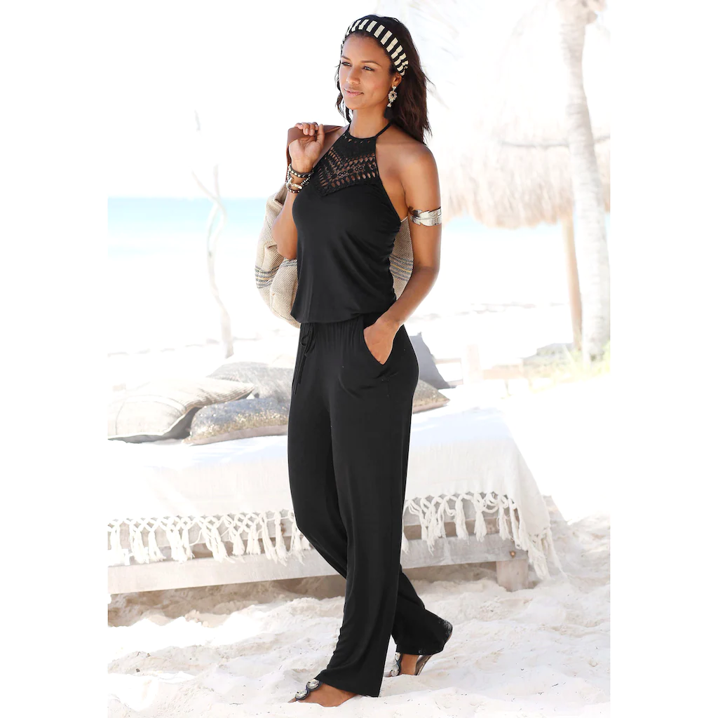 LASCANA Neckholder-Overall mit Spitzeneinsatz am Ausschnitt sommerlicher Jumpsuit mit Taschen