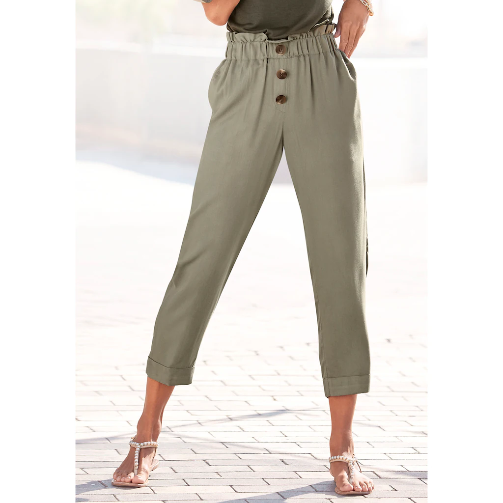 LASCANA Paperbag-Hose mit Zierknöpfen und Elastikbund Stoffhose gekrempelter Hosensaum