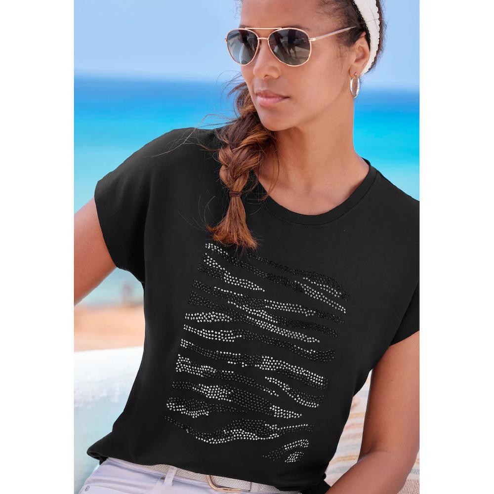 LASCANA Rundhalsshirt »mit Strass-Dessin« Aus Hochwertiger French Terry-Qualität Aus Viskose Für Kaufen