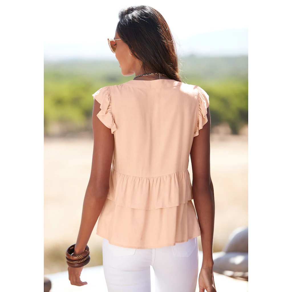 LASCANA Rüschenbluse Mit Kurzen Ärmeln Sommerliche Bluse Mit Knopfleiste Und Volant