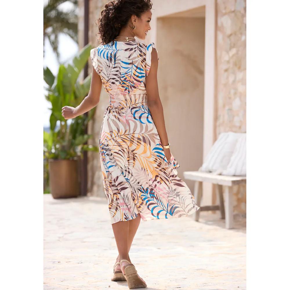 LASCANA Satinkleid Mit Alloverdruck Und Kurzen Ärmeln Sommerkleid