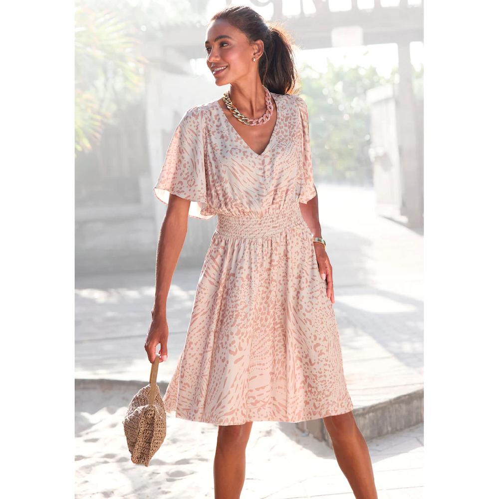 LASCANA Sommerkleid mit Animalprint und Fledermausärmeln Satinoptik elastisch
