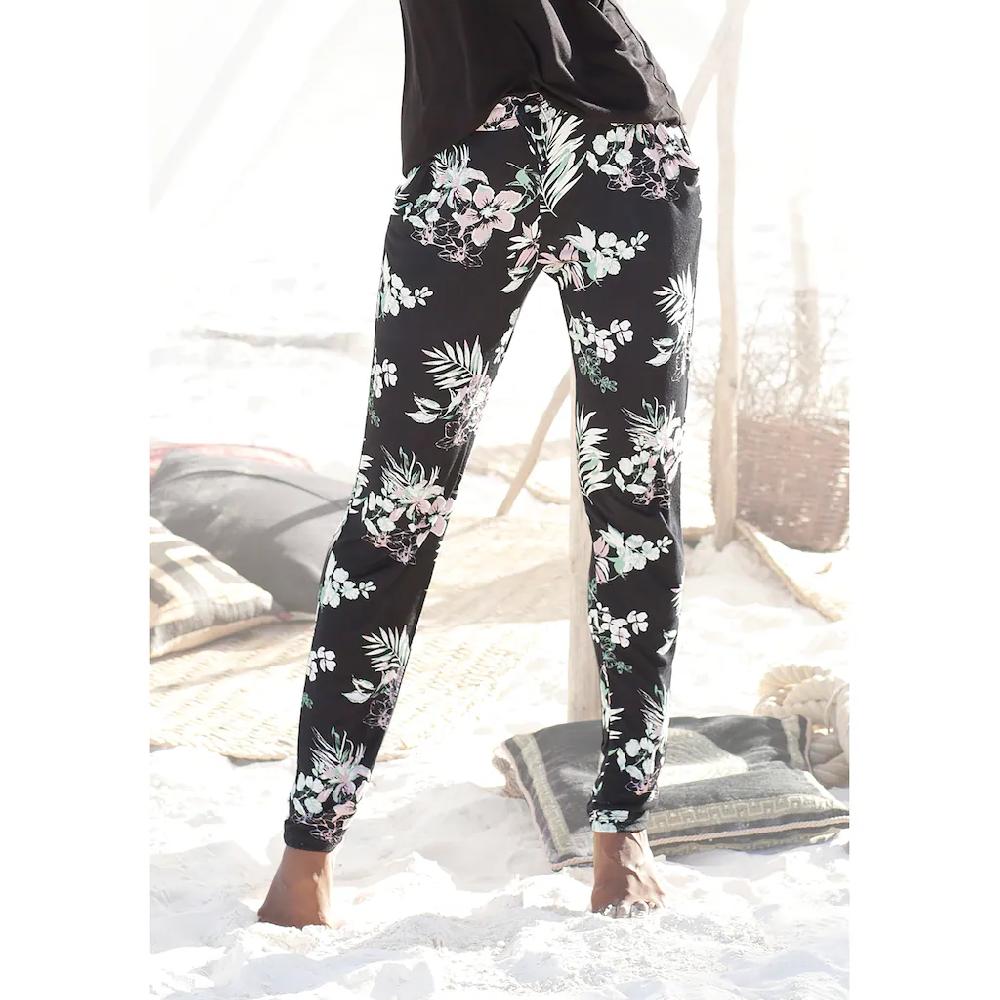 LASCANA Strandhose mit tropischem Druck und Taschen Jerseyhose Sommerhose