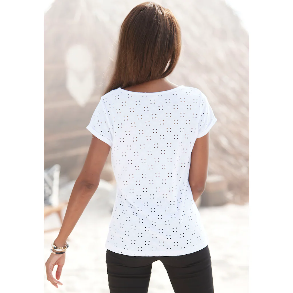 LASCANA Strandshirt Mit Lochstickerei T-Shirt Kurzarmshirt Basic