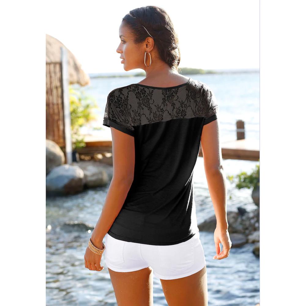 LASCANA Strandshirt Mit Spitzeneinsatz T-Shirt Kurzarmshirt Elegant