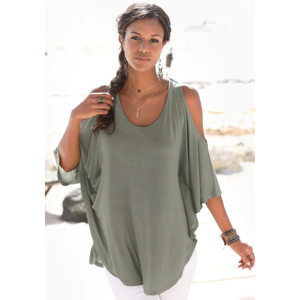 LASCANA Strandshirt mit Zierband im oberen Rücken Longshirt 3/4-Ärmel schulterfrei