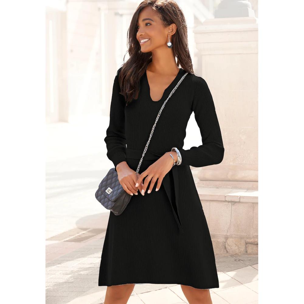 LASCANA Strickkleid (mit Bindegürtel) Und V-Ausschnitt Herbst- Winterkleid Casual-elegant