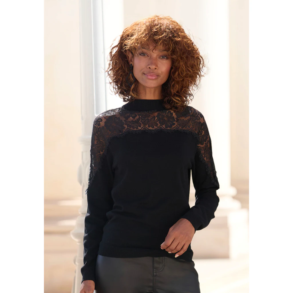 LASCANA Strickpullover mit Spitzeneinsatz eleganter Damenpullover festlich